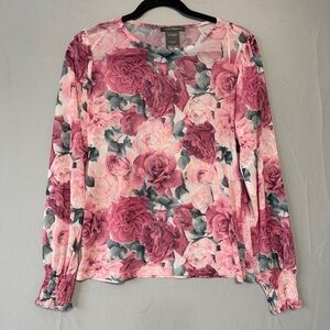 Suzy Shier Womens Floral Sheer Blouse Size Small Pink Fairy Coquette Soft Girl